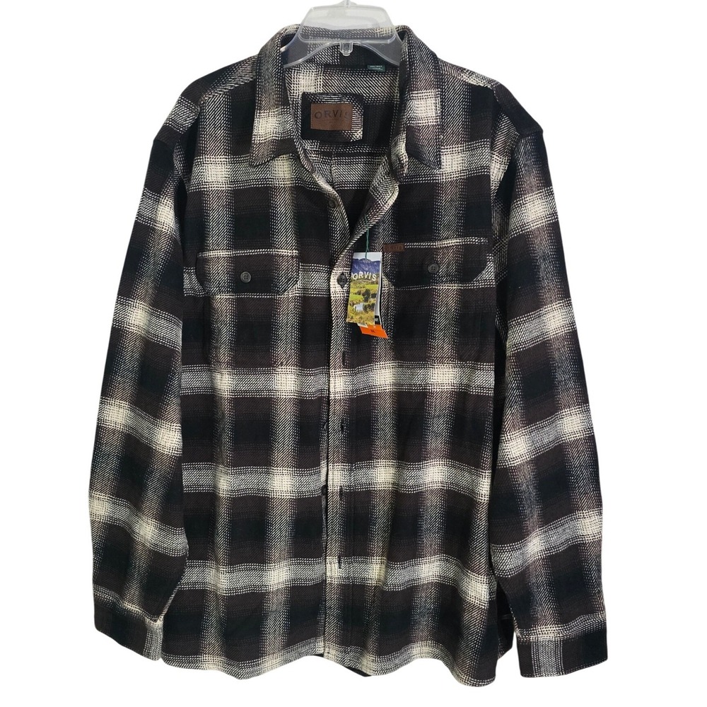 Orvis Mens‎ XXL Heavyweight Double Brushed Flannel Shirt Plaid Brown Cream NWT